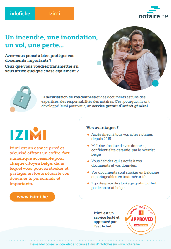 Fiche informative sur le coffre-fort numérique Izimi. Un service gratuit et sécurisé, garantit par le notariat belge.